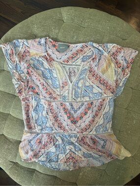 Maeve Multicolor Geometric & Floral Flutter Sleeve Blouse